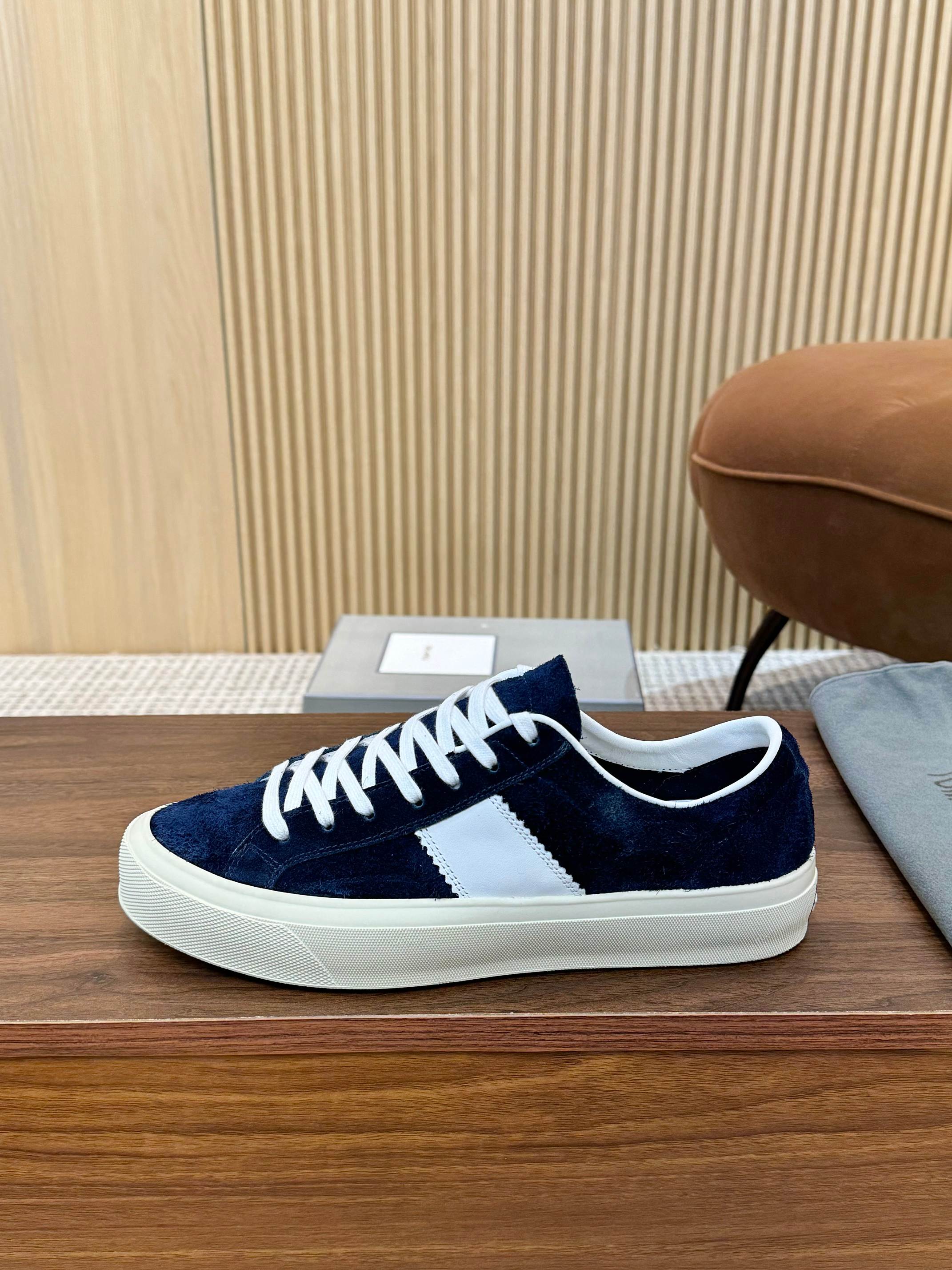 Tom Ford Men's Navy Blue Suede Low Top Sneakers with White Accents 2 a1746411229514 1574