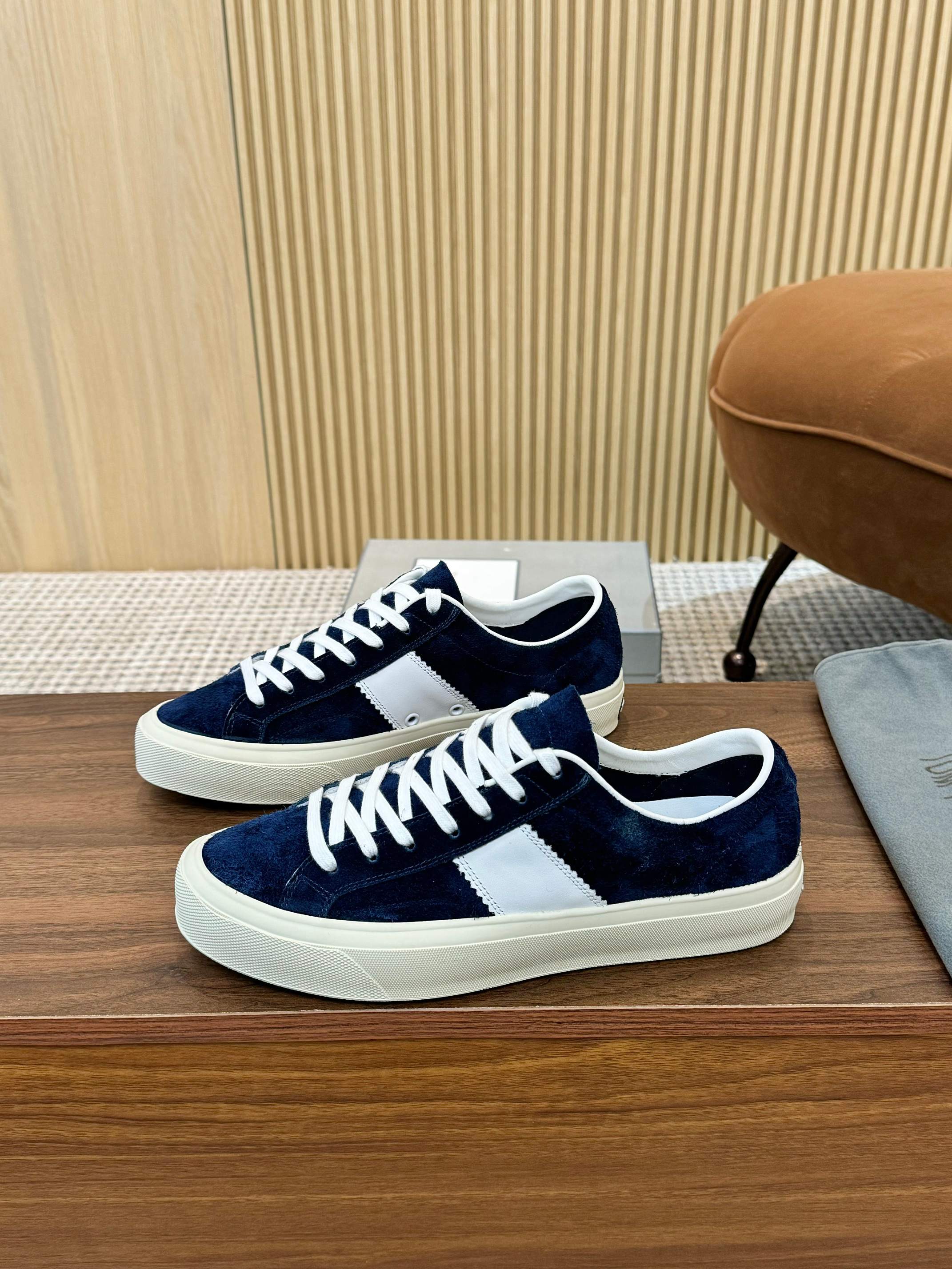 Tom Ford Men's Navy Blue Suede Low Top Sneakers with White Accents 5 a1746411229576 7631