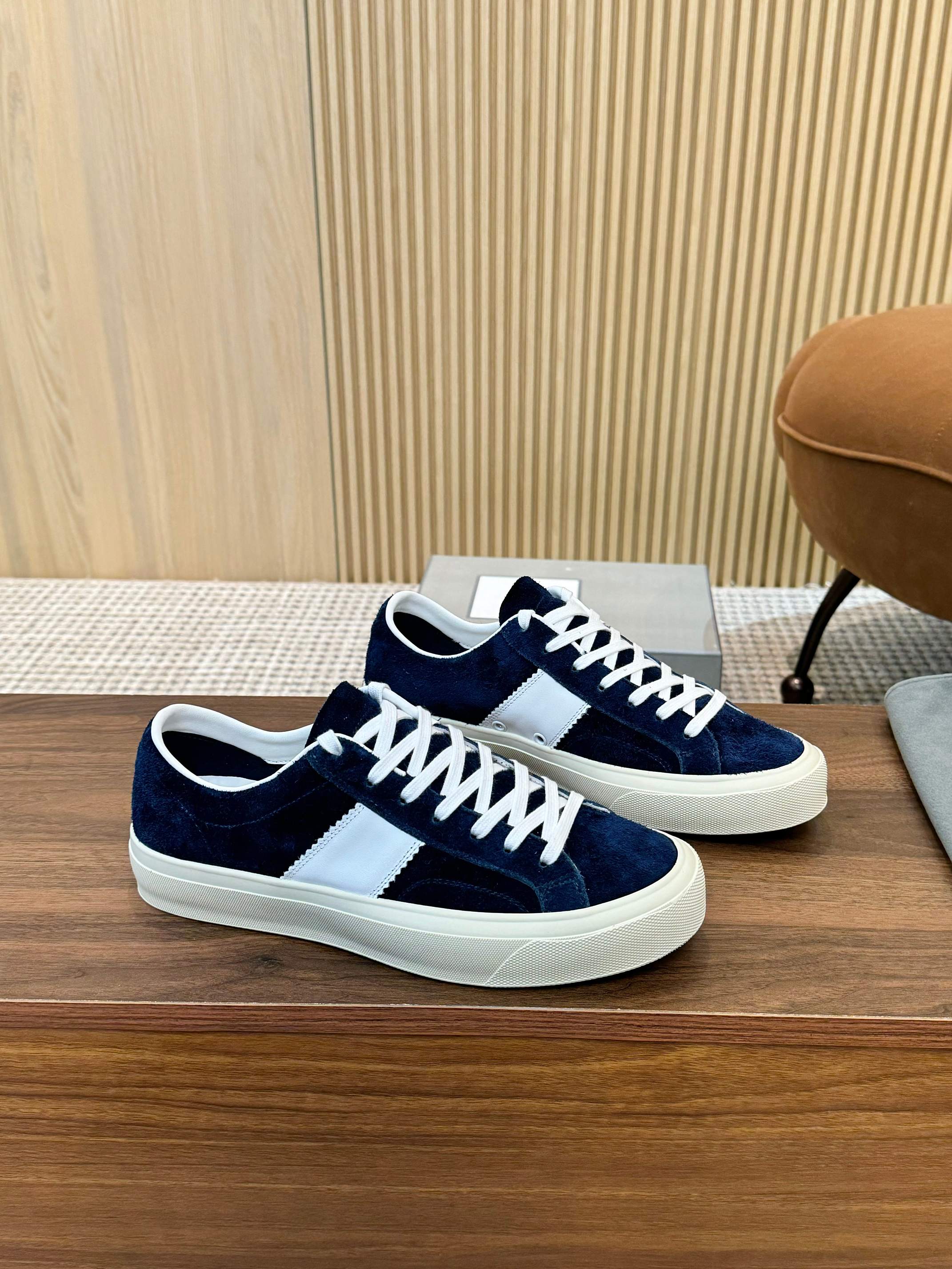 Tom Ford Men's Navy Blue Suede Low Top Sneakers with White Accents 3 a1746411229771 8055
