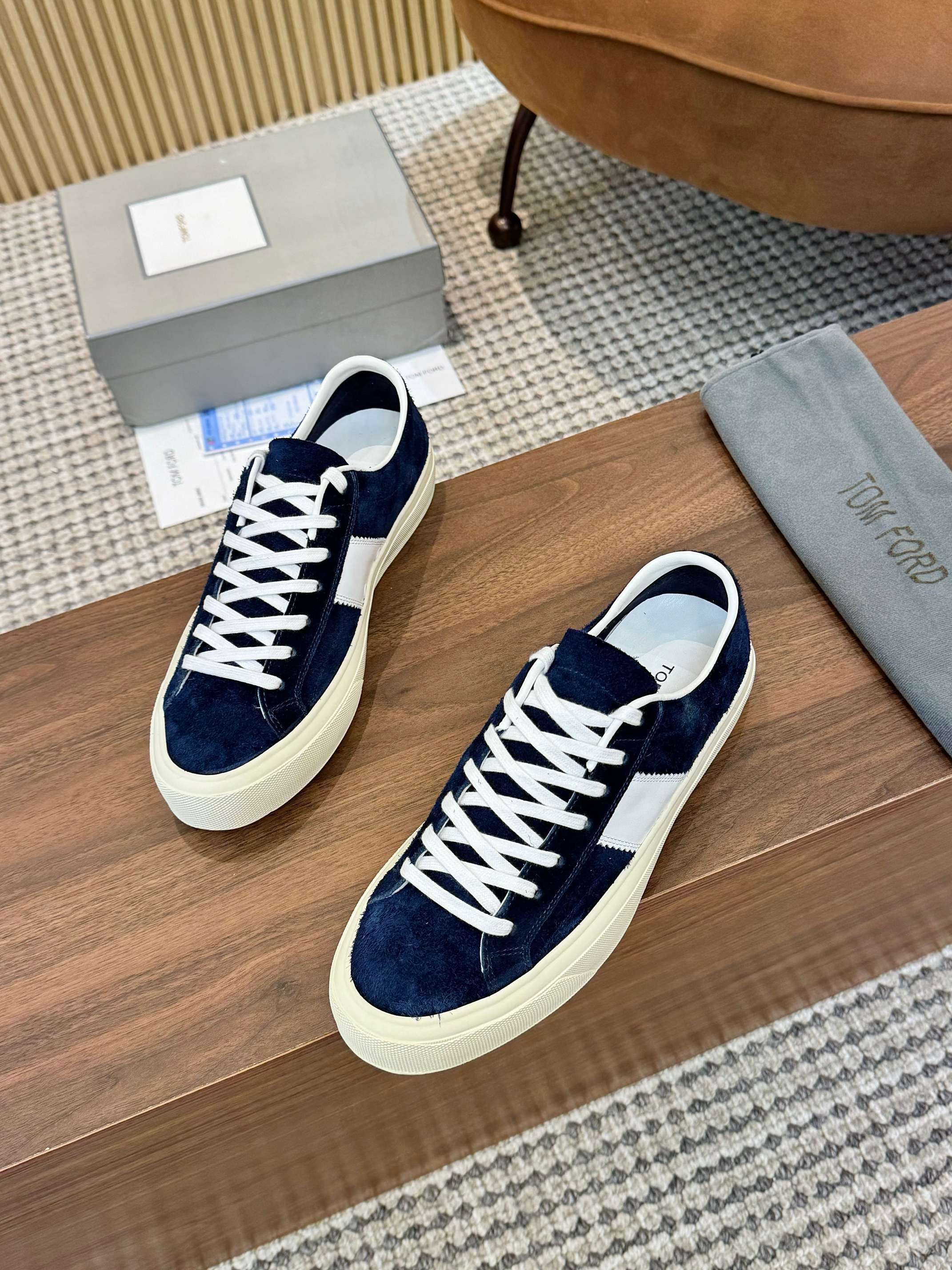 Tom Ford Men's Navy Blue Suede Low Top Sneakers with White Accents 8 a1746411232575 4248
