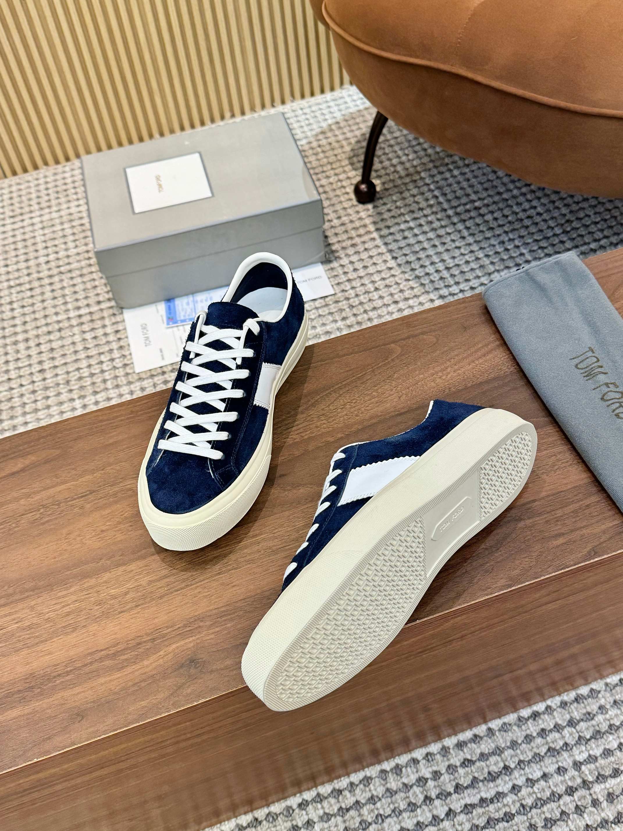 Tom Ford Men's Navy Blue Suede Low Top Sneakers with White Accents 7 a1746411233323 7734