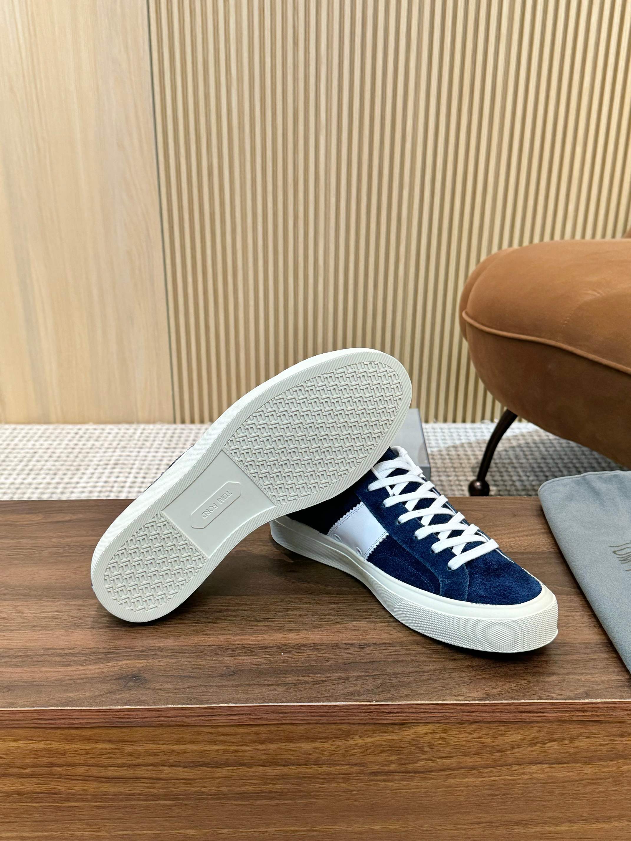 Tom Ford Men's Navy Blue Suede Low Top Sneakers with White Accents 12 a1746411234944 1230