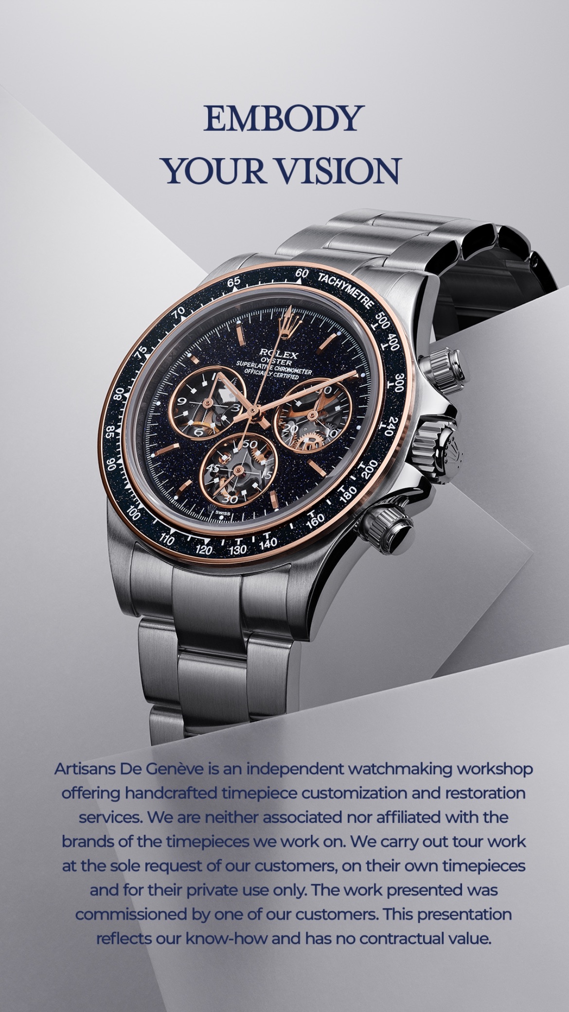 NO:391734,ADG Geneva Craftsmen unveiled the stunning custom Rolex Ditona “Ventura” “Ventura” dial is made of sandy limestone, a material that blends rose gold, copper and glass to create an extremely unique shiny surface. The glass finish of sandy limestone gives the watch a cosmic charm, whose glitter changes subtly according to the way the light is exposed, making each view a new journey to the starry sky. This poetic, star-studded design makes the Ventura a true work of art on your wrist. To further enhance its sophistication, the dial and bezel are decorated with mirror polished sandy limestone, which contrasts with the pure rose gold hands and dial scales. The hollowed-in dial brings another layer of charm, allowing you to see the watch’s complex operation without having to open the back of the watch. The subtle interaction between transparency and craftsmanship brings Daytona  Elevate to a new level of refinedness.,,rolex19860909ADG日内瓦工匠推出令人惊叹的定制劳力士迪通拿“Ventura” “Ventura”的表盘由砂金石制成,这种材料融合了玫瑰金、铜和玻璃,创造出一种极其独特的闪闪发光的表面.砂金石的玻璃饰面赋予这款手表一种宇宙般的魅力,其闪光会根据光线照射的方式而微妙地变化,让每次观看都成为一次新的星空之旅.这种诗意、星光熠熠的设计使“Ventura”成为您手腕上的一件真正的艺术品 为进一步提升其精致度,表盘和表圈均饰有镜面抛光砂金石,与纯玫瑰金指针和表盘刻度形成鲜明对比.镂空小表盘带来另一层魅力,无需翻开表背即可一窥腕表的复杂运作.透明度和工艺之间的微妙相互作用将 Daytona 提升到全新的精致水平.,,rolex,Watch