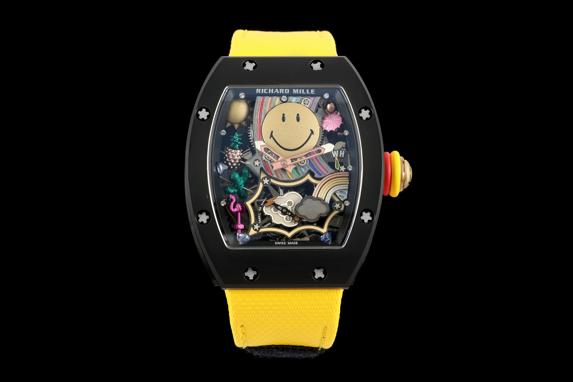 NO:946320,'New Watch' Tourbillon RICHARD MILLE RM 88 Tourbillon Automatic Smiley 'Smiley' RICHARD MILLE's new work - 'RM 88 Tourbillon Automatic Smiley' tourbillon watch. The hollow dial is surrounded by game-style elements such as 'Smiley', the sun, the rainbow, flamingos, and pineapples. Even the hour markers are cut into two-dimensional gemstone style, which makes you feel good when you wear it. RM 88  The classic barrel-shaped case is made of flawless ATZ ceramic material, with a rose gold middle case, and the top of the crown is also decorated with a smiley face pattern. The titanium inner bezel is treated with black VD and is inlaid with sapphires and diamonds as hour markers.  The gold 'smiley face' is the most eye-catching element of the entire dial. The diameter of the smile reaches 12.1mm. A 'rainbow' bridge cleverly passes through the back of the smiley face. There is also a brighter golden small 'rainbow' bridge at 5 o'clock. In the center of the dial are hollow hour and minute hands.  The edge of the hollow dial is decorated with game-style miniature gold carvings - you can see flowers, cocktail glasses, rainbows, clouds, flamingos, cactus, pineapples and the sun. Each gold carving element weighs less than 1 gram and is carefully polished and decorated by hand. The tourbillon is hidden behind the clouds at 6 o'clock, and the two ends of the small second hand are dotted with lightning and the sun respectively. The details are full of fun.,,tom ford,gold19860909『新表』 陀飞轮 RICHARD MILLE RM 88 Tourbillon Automatic Smiley 「笑脸」 RICHARD MILLE 新作品——「RM 88 Tourbillon Automatic Smiley」陀飞轮腕表,镂空表盘簇拥着「笑脸」（Smiley）、太阳、彩虹、火烈鸟、菠萝等游戏风格元素,连时标都切割成二次元宝石画风,戴起来就充满好心情. RM 88 经典桶形表壳采用无瑕的 ATZ 陶瓷材质制作,搭配玫瑰金中层表壳,表冠顶也装饰笑脸图案.钛金属内表圈经过黑色 VD 处理,镶嵌蓝宝石和钻石作为时标. 黄金「笑脸」是整个表盘最引人注目的元素,笑容直径达到12.1mm,一道「彩虹」桥板巧妙从笑脸背后穿过,5点还有一个色彩更为明亮的金色小「彩虹」桥板.表盘中央为镂空时分针. 镂空表盘边缘装饰着游戏风格的微型金雕——你可以看到花朵、鸡尾酒杯、彩虹、云朵、火烈鸟、仙人掌、菠萝和太阳,每个金雕元素的重量不到1克,通过手工精心打磨修饰.陀飞轮隐藏在6点云朵后方,小秒针的两端分别点缀闪电和太阳,细节处充满趣味.,,tom ford,gold,Watch
