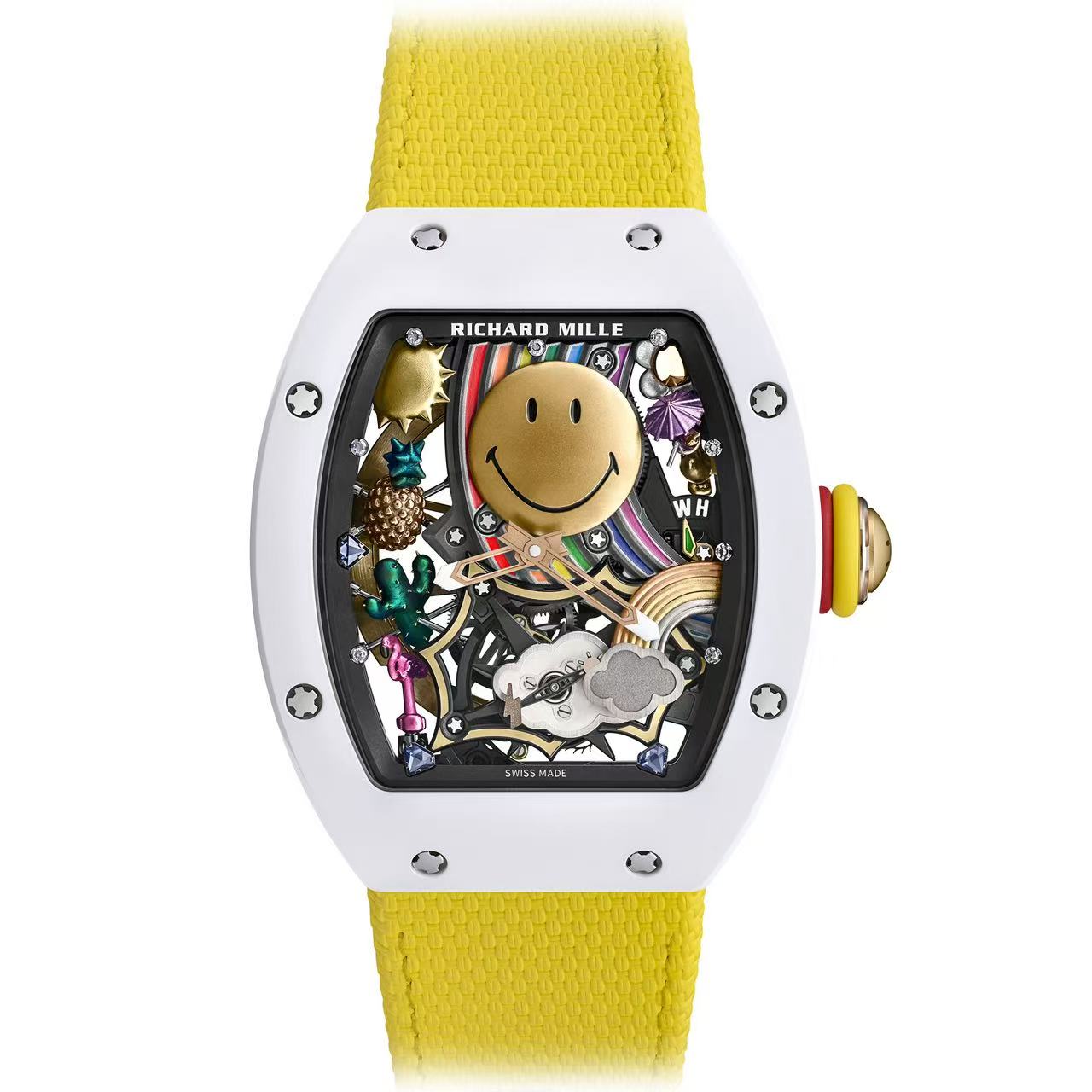NO:383665,『New Watch』 Tourbillon RICHARD MILLE RM 88 Tourbillon Automatic Smiley「Smiley」 RICHARD MILLE New work-'RM 88 Tourbillon Automatic Smiley' tourbillon watch, the hollow dial is surrounded by game style elements such as 'Smiley', sun, rainbow, flamingo, pineapple, etc., and even the hour marker is cut into a 2D style, which makes you feel good when you wear it. The RM 88 classic barrel case is made of flawless ATZ ceramic material, paired with a rose gold mid-layer case, and the crown top is also decorated with a smiley face pattern. The titanium inner bezel has been treated with black VD and is set with sapphire and diamonds as the hour marker.  The golden 'smiley face' is the most eye-catching element of the entire dial. The smile reaches 12.1mm in diameter. A 'rainbow' bridge cleverly passes through the back of the smiling face. There is also a golden 'rainbow' bridge with brighter colors at 5 o'clock. The center of the dial is a hollow hour and minute hand. The edge of the hollow dial is decorated with miniature gold eagles in game style - you can see flowers, cocktail glasses, rainbows, clouds, flamingos, cactus, pineapple and sun. Each gold eagle element weighs less than 1 gram and is carefully polished and modified by hand. The tourbillon is hidden behind the 6 o'clock clouds. The two ends of the small second hand are decorated with lightning and sun respectively, and the details are full of fun.,,tom ford, gold19860909『新表』 陀飞轮 RICHARD MILLE RM 88 Tourbillon Automatic Smiley 「笑脸」 RICHARD MILLE 新作品——「RM 88 Tourbillon Automatic Smiley」陀飞轮腕表,镂空表盘簇拥着「笑脸」（Smiley）、太阳、彩虹、火烈鸟、菠萝等游戏风格元素,连时标都切割成二次元宝石画风,戴起来就充满好心情. RM 88 经典桶形表壳采用无瑕的 ATZ 陶瓷材质制作,搭配玫瑰金中层表壳,表冠顶也装饰笑脸图案.钛金属内表圈经过黑色 VD 处理,镶嵌蓝宝石和钻石作为时标. 黄金「笑脸」是整个表盘最引人注目的元素,笑容直径达到12.1mm,一道「彩虹」桥板巧妙从笑脸背后穿过,5点还有一个色彩更为明亮的金色小「彩虹」桥板.表盘中央为镂空时分针. 镂空表盘边缘装饰着游戏风格的微型金雕——你可以看到花朵、鸡尾酒杯、彩虹、云朵、火烈鸟、仙人掌、菠萝和太阳,每个金雕元素的重量不到1克,通过手工精心打磨修饰.陀飞轮隐藏在6点云朵后方,小秒针的两端分别点缀闪电和太阳,细节处充满趣味.,,tom ford,gold,Watch