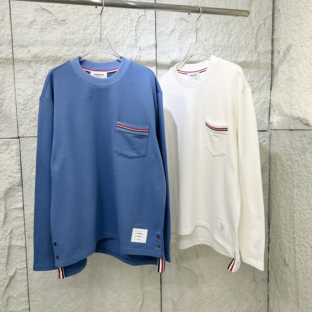 Thom Browne Cotton Long Sleeve T-Shirt with Pocket - Blue and White