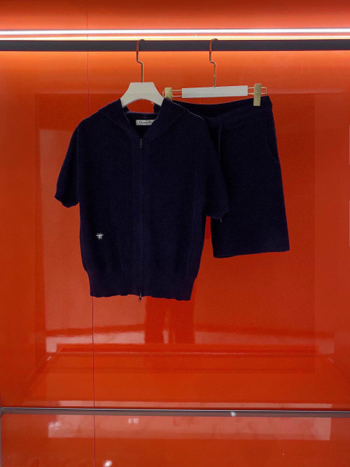 Dior Navy Blue Knitted Tencel Set with Bee Embroidery - Hoodie and Shorts 1 Dior Navy Blue Knitted Tencel Set with Bee Embroidery - Hoodie and Shorts