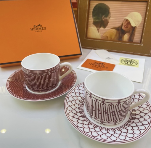 Hermès H Déco Coffee Cup Set - Two Cups & Saucers, 160 ml Capacity