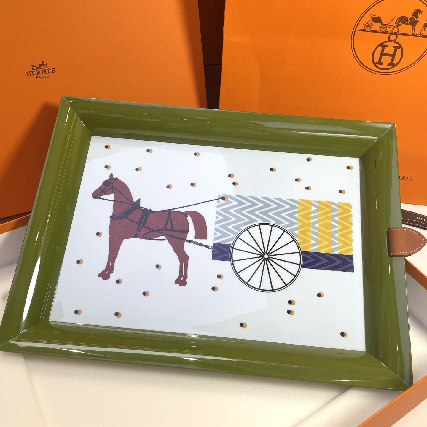 Hermes Atrium Hypnomobile Tray - Hand-Painted Lacquered Wood with Leather Details