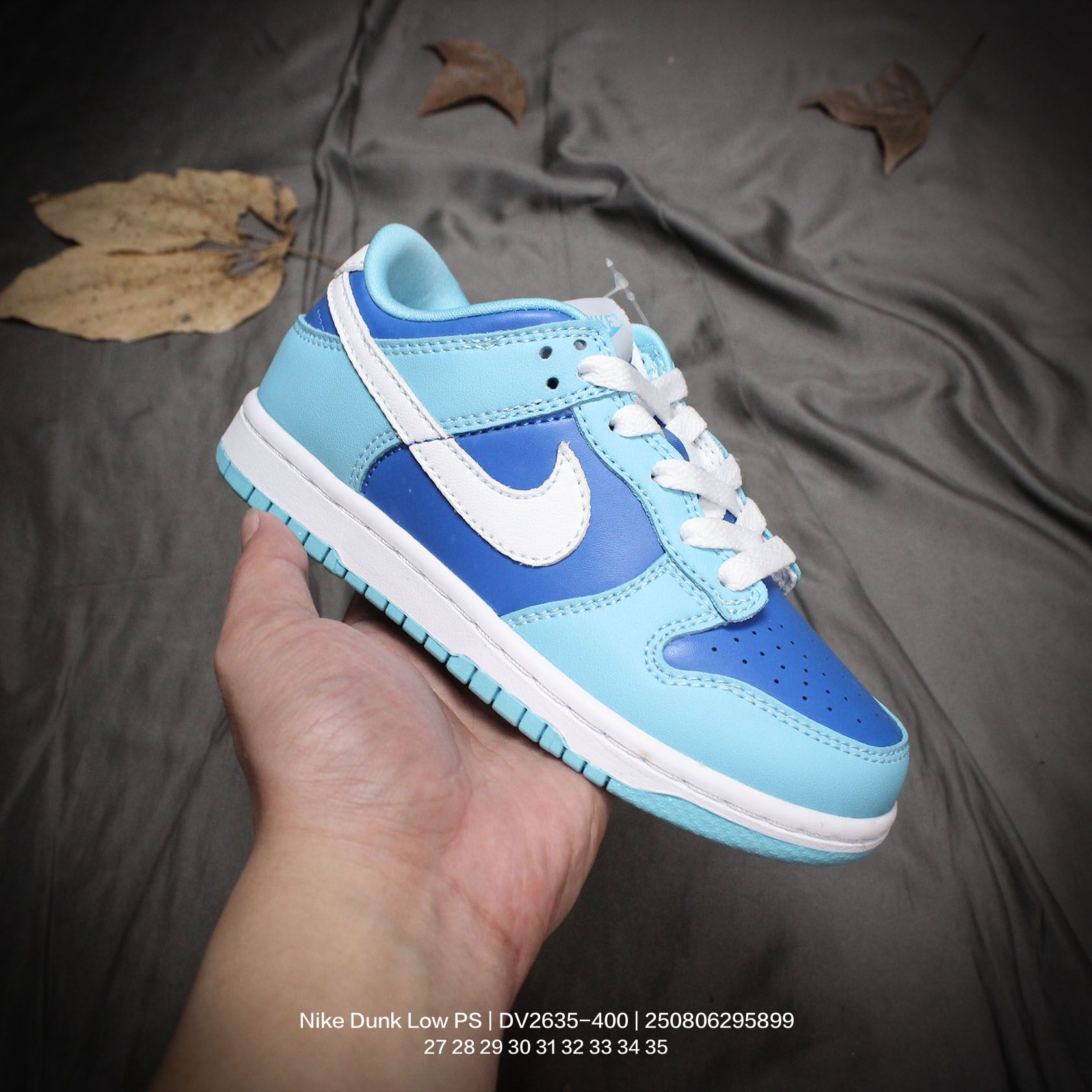 Nike/耐克 童鞋版本上线👣你家有个fashion宝贝!!真标半码制，采用粒面牛剖革革鞋面材质，鞋垫嵌入缓震EVA去臭物料，外置耐磨橡胶大底❗️蓝色「芬达」有点独特，耐克Nike Dunk Low PS\