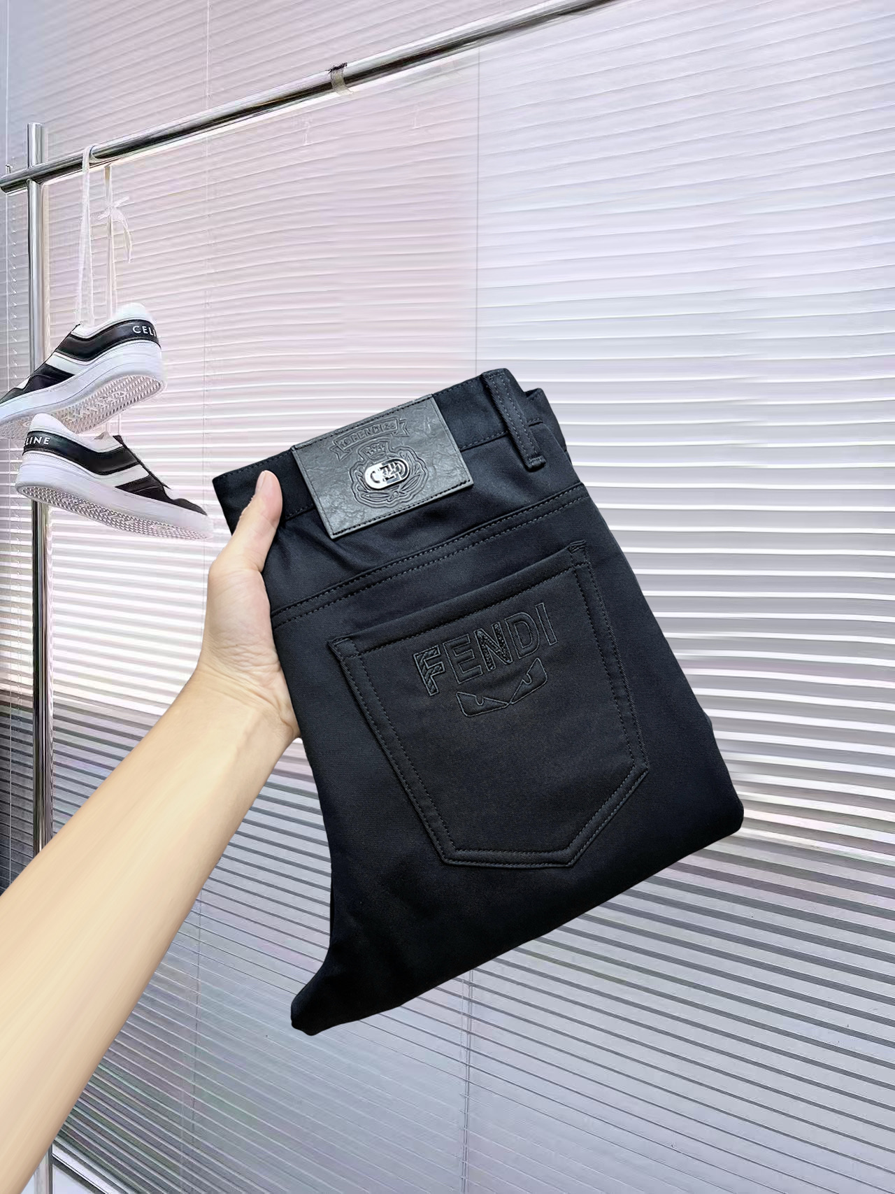 Fendi Men's Black Cotton Casual Pants with Embossed Logo - Slim Fit