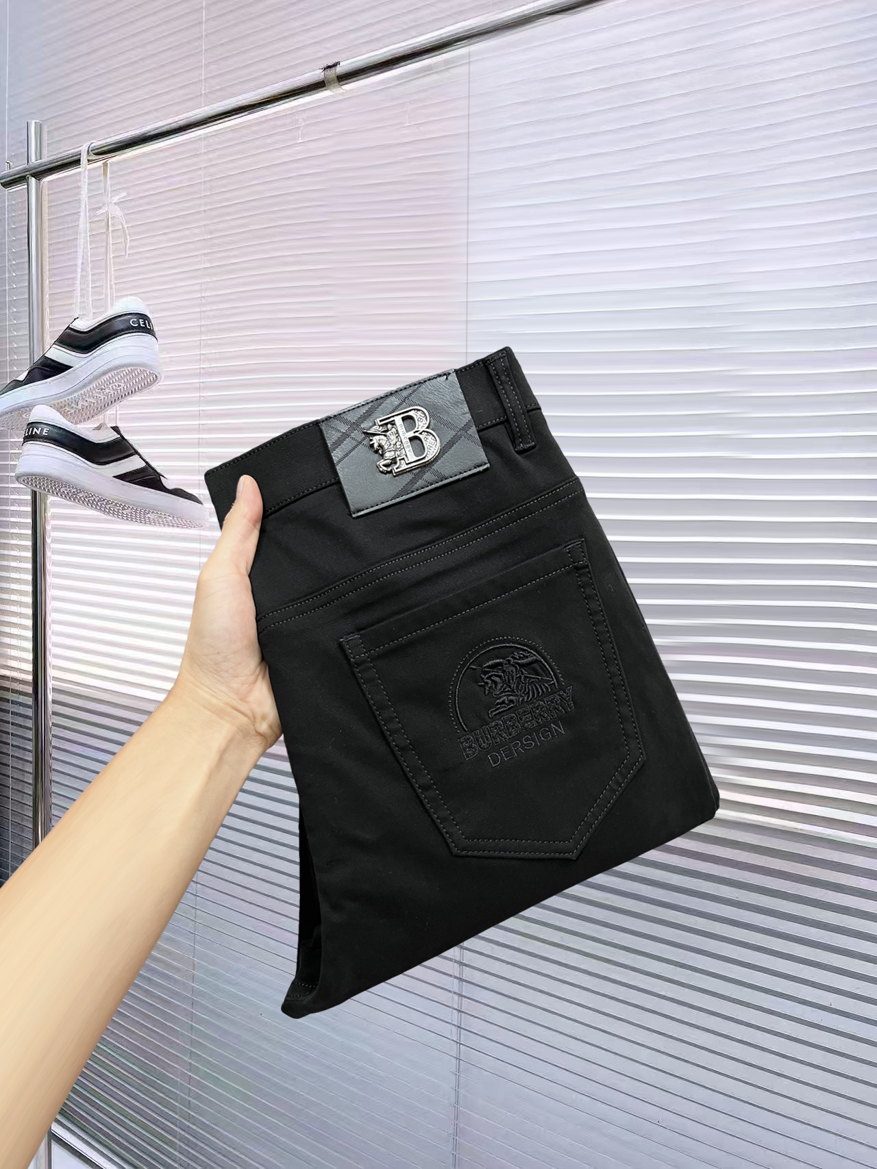 Burberry Men's Black Cotton Casual Pants with Logo Detail - Slim Fit