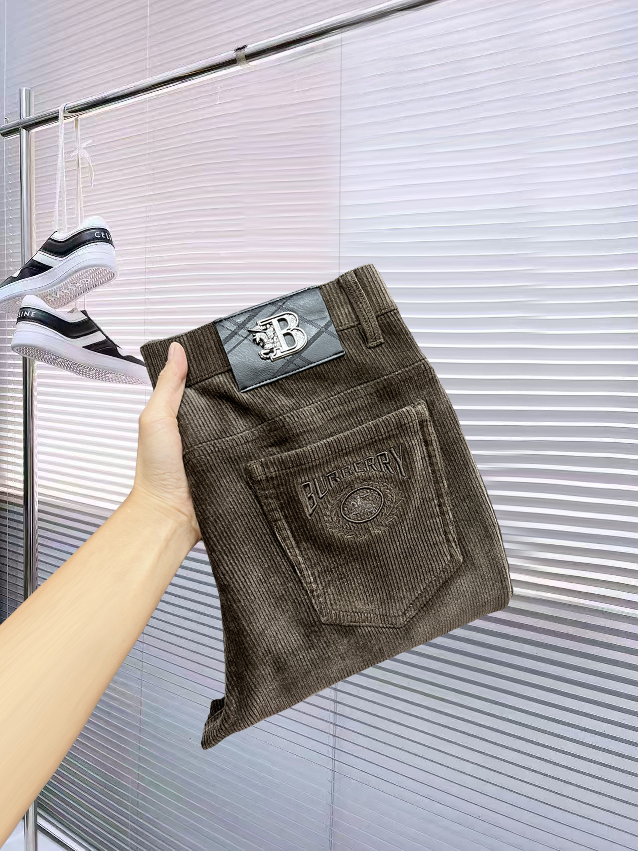 Burberry Men's Corduroy Pants Slim Fit Casual Trousers With Logo In Brown