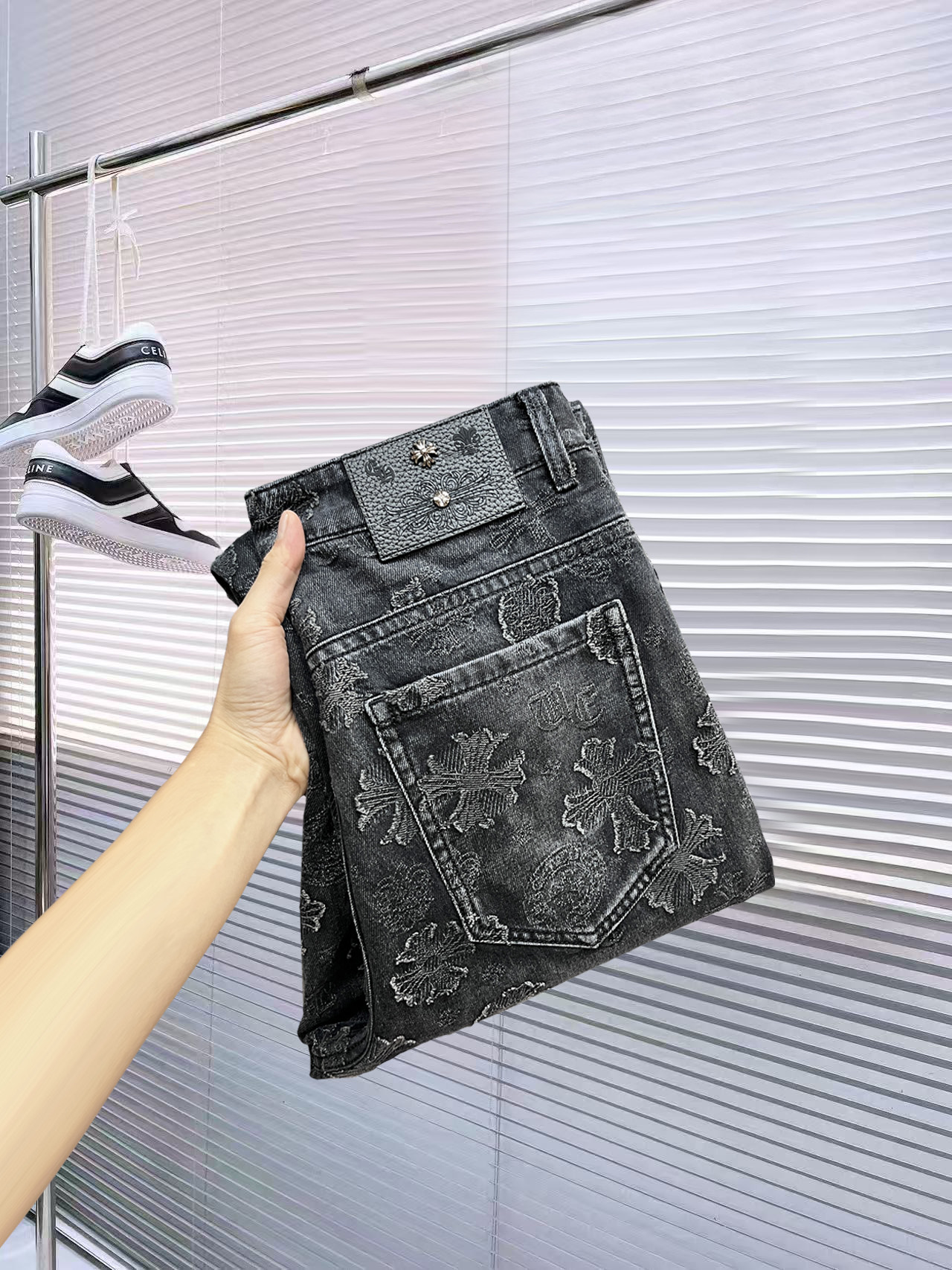 Chrome Hearts Men's Distressed Cross Denim Jeans Slim Fit Fashion Pants