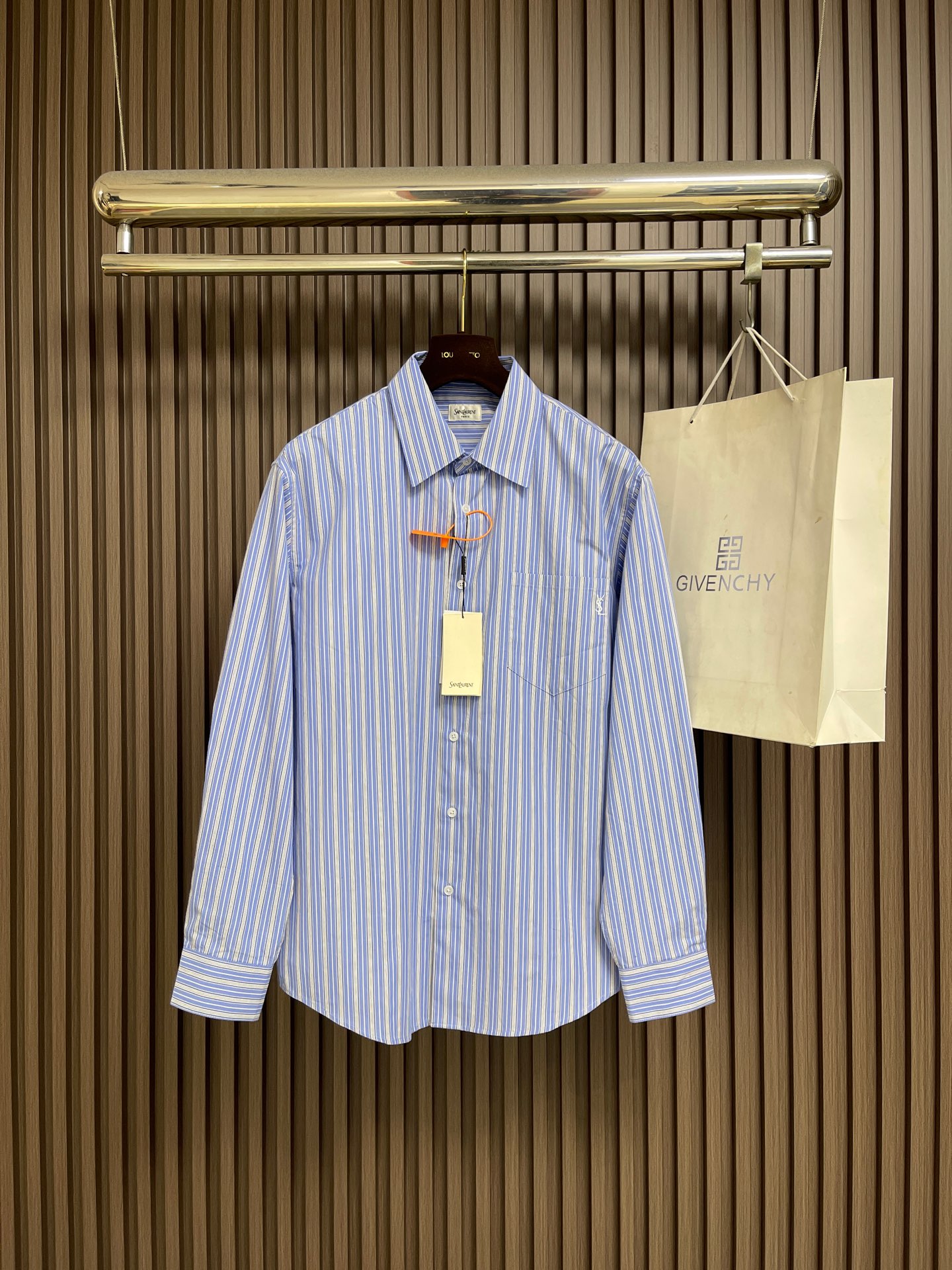 🛒🛒YSL SaintLaurent 标识刺绣条纹长袖衬衫 定制曜岚臻织府绸棉 挺括有型 舒适贴肤 晴屿钴蓝为底 素白与