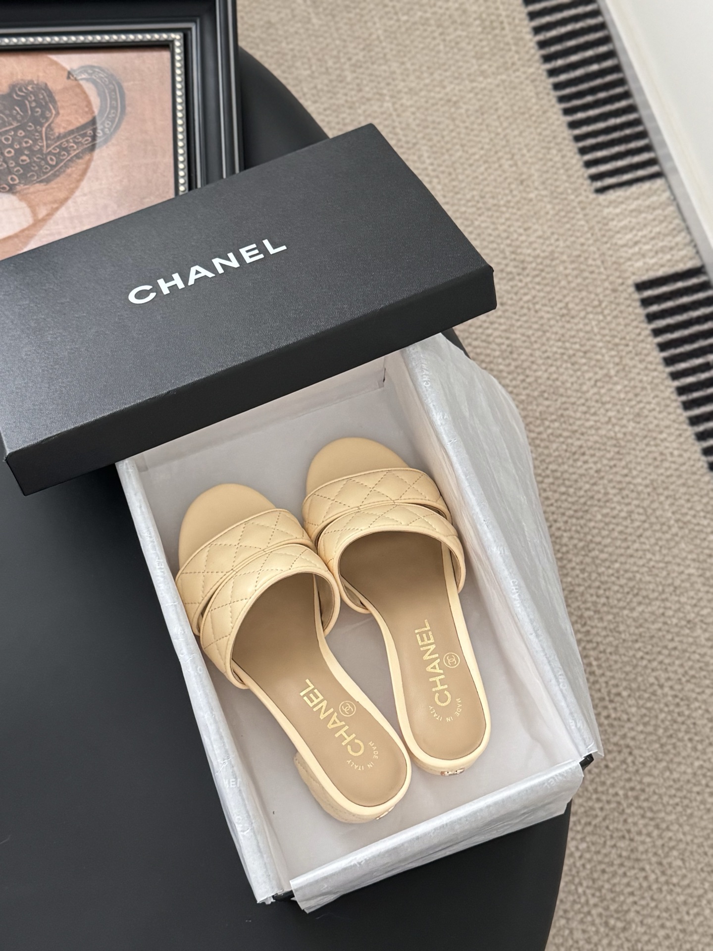 Chanel Women's Beige Leather Quilted Block Heel Slide Sandals 10 i1742073847095 8704 0 8