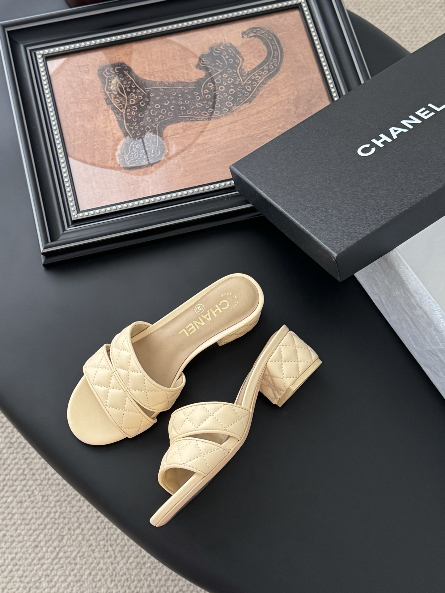 Chanel Women's Beige Leather Quilted Block Heel Slide Sandals