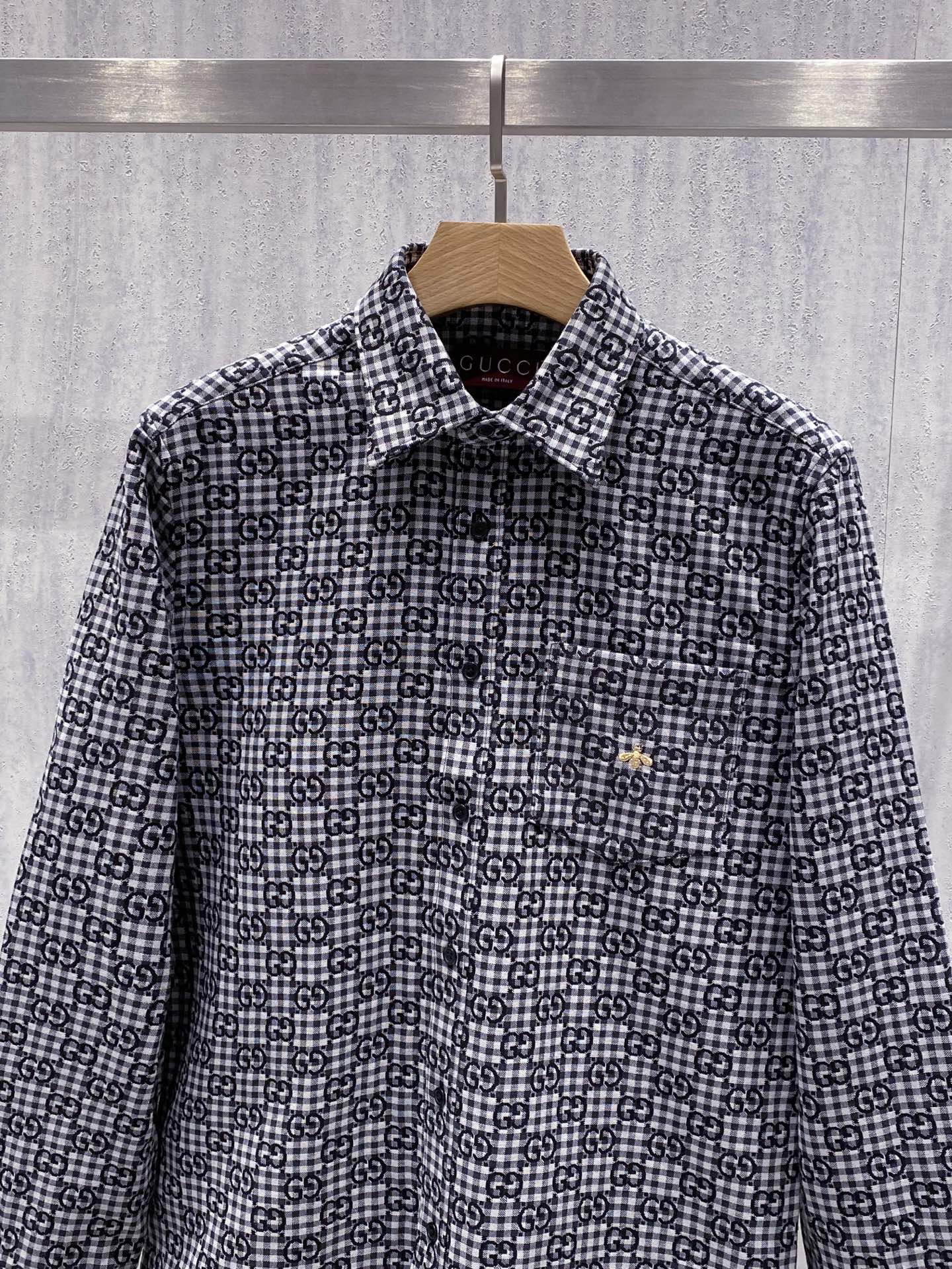 【典藏臻品】G家26年春夏新款黑色双G提花格纹长袖衬衫外套，品牌直属供应链直供，100%原厂匠心品质，明