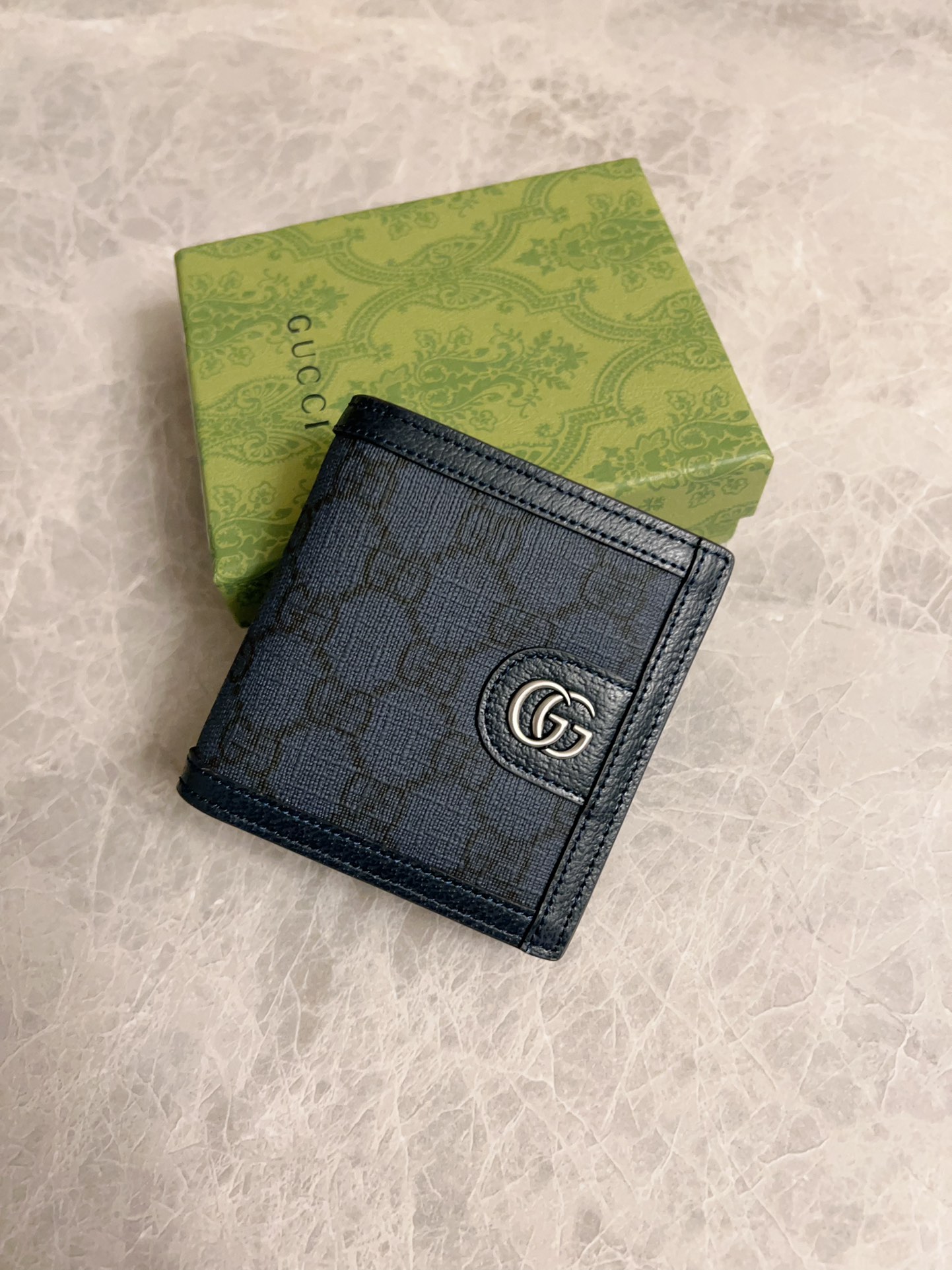 Gucci GG Supreme Portefeuilles Bleu profond Or Toile Cuir de vache Polychlorure vinyle