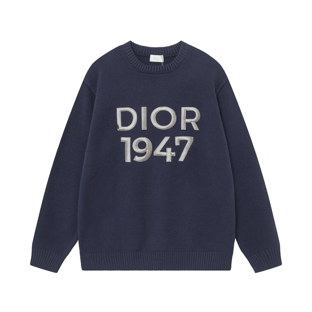 FG DIOR SS24 Long Sleeve Knit with Letter Logo, Parisian Elegance in Navy Blue and Yellow