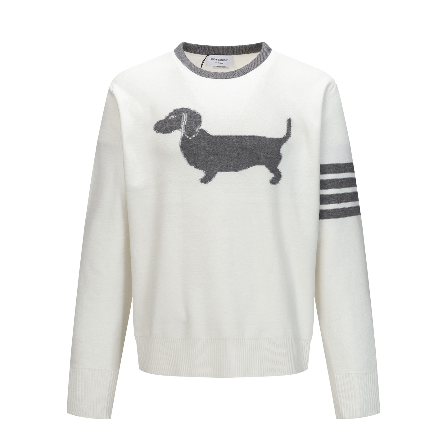 Thom Browne Crewneck Long Sleeve Sweater with Dog Print - Unisex White