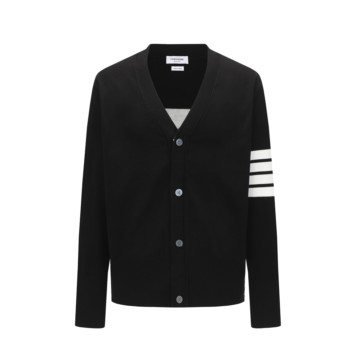 Thom Browne Women's Black V-Neck Cardigan with Signature White Stripes