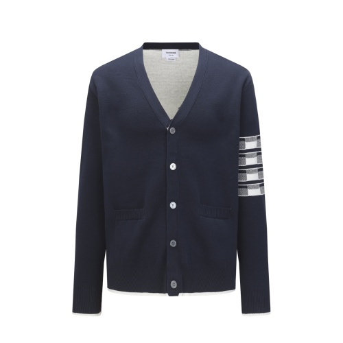 Thom Browne Men's Navy V-Neck Cardigan with 4-Bar Stripe Detail