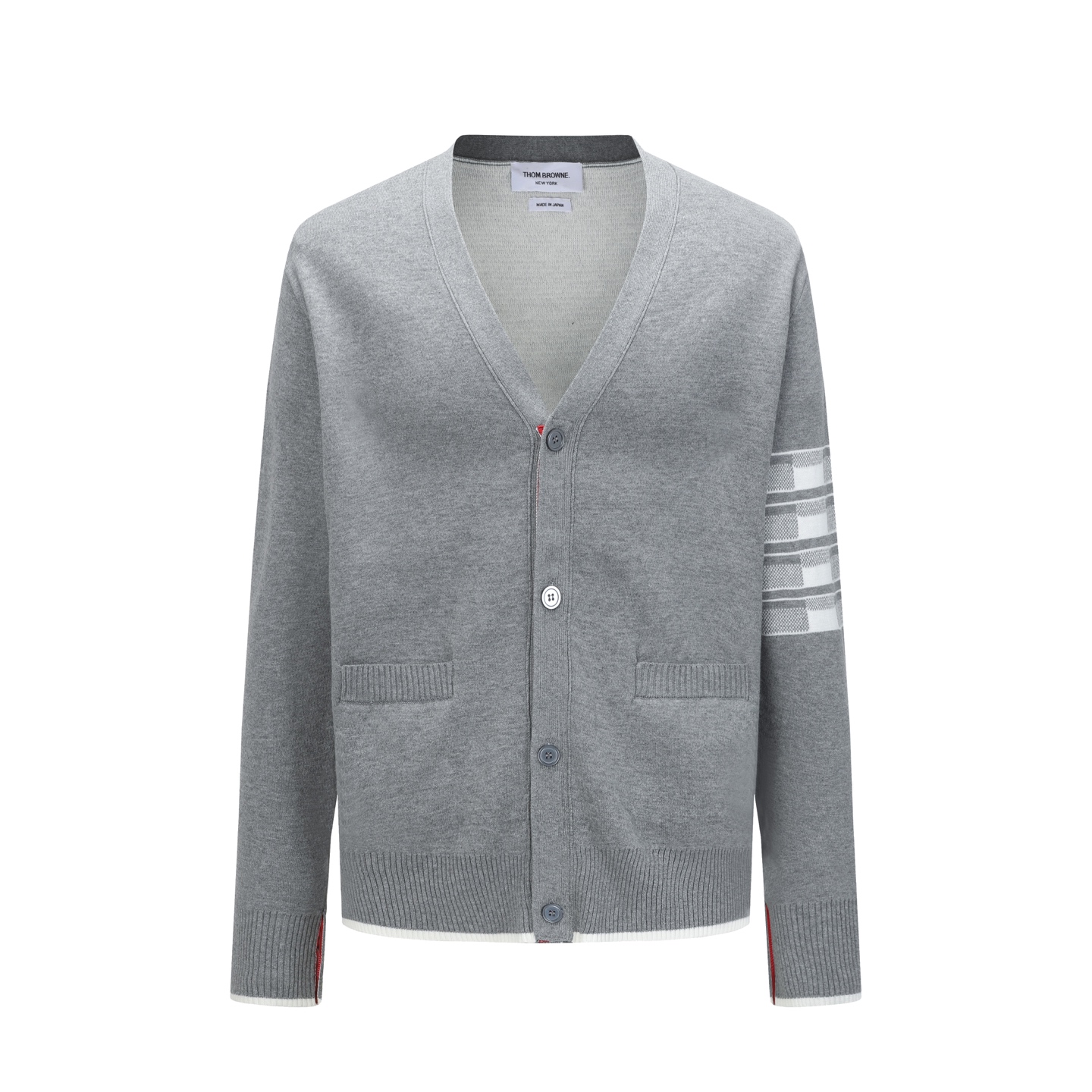 Thom Browne Four-Bar Stripe V-Neck Cardigan, Gray Knitwear Sweater