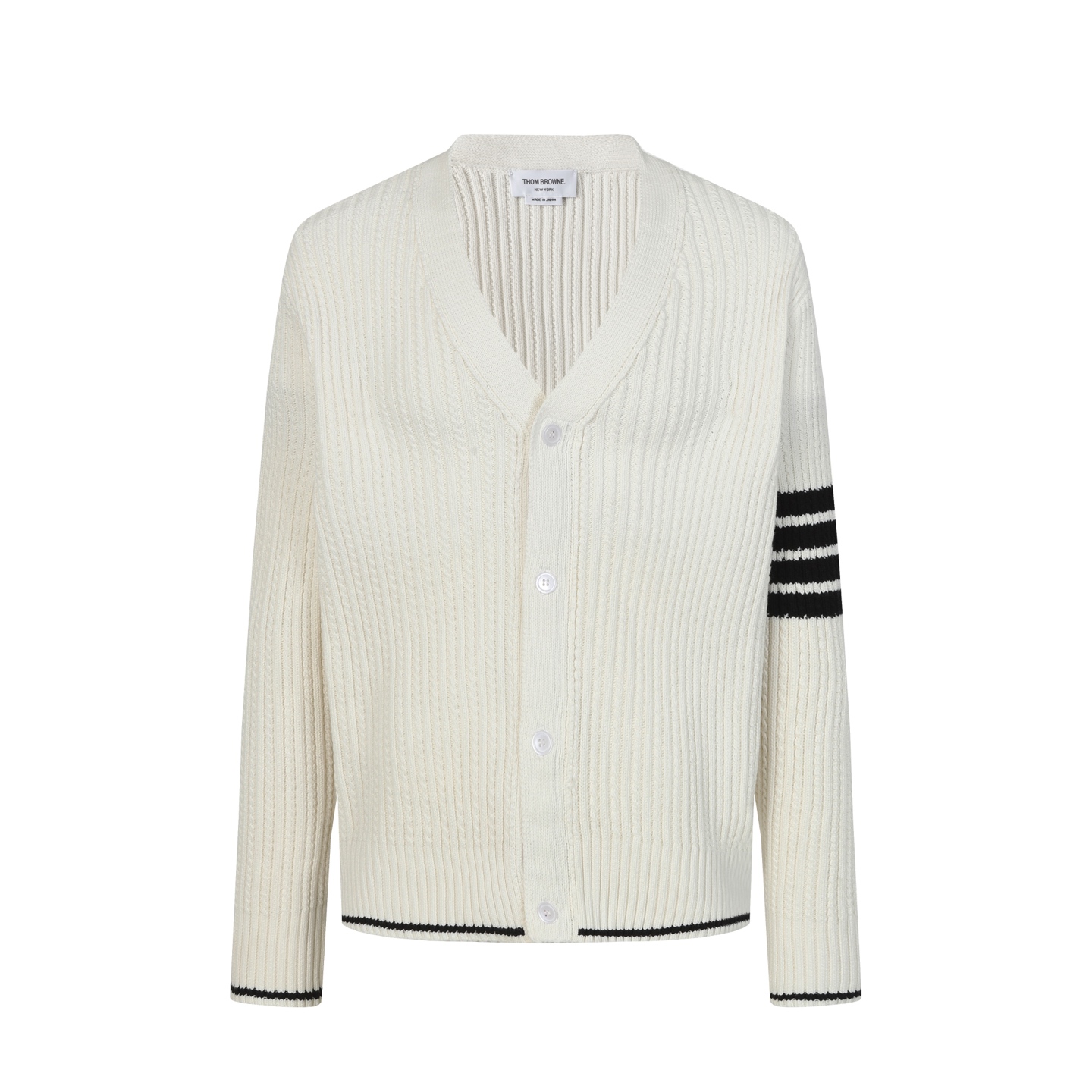 Thom Browne Cream Wool Cardigan with Signature 4-Bar Stripe Detail