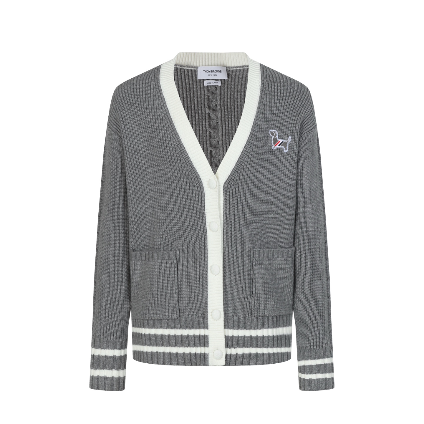 Thom Browne Grey V-Neck Cardigan with Hector Embroidery - Classic Knitwear