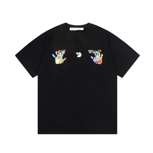 Off-White Hand Print Black Cotton T-Shirt | Short Sleeve Crew Neck Tee 1 Off-White Hand Print Black Cotton T-Shirt | Short Sleeve Crew Neck Tee