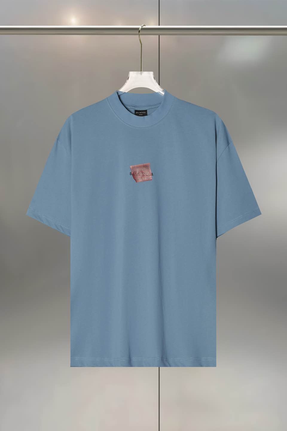 Balenciaga Blue Cotton Crew Neck T-Shirt with Tape Logo Embroidery 2 a1747711889057 7670