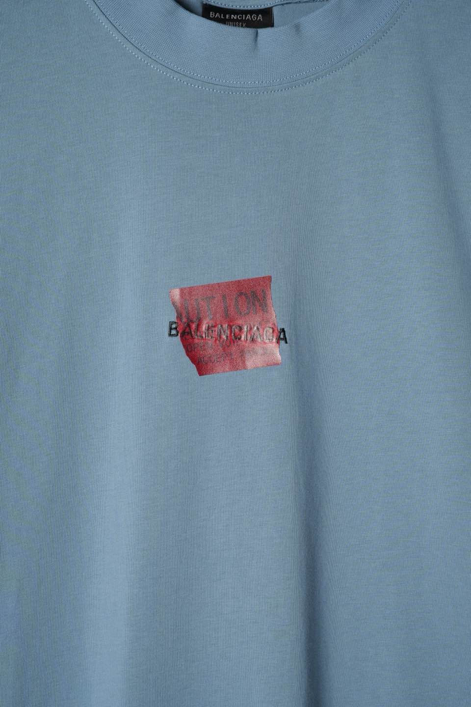 Balenciaga Blue Cotton Crew Neck T-Shirt with Tape Logo Embroidery 7 a1747711890487 4303