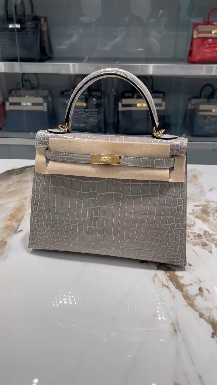 Hermès Kelly 28 Sellier Alligator Bag Gris Perle Gold Hardware, 2023