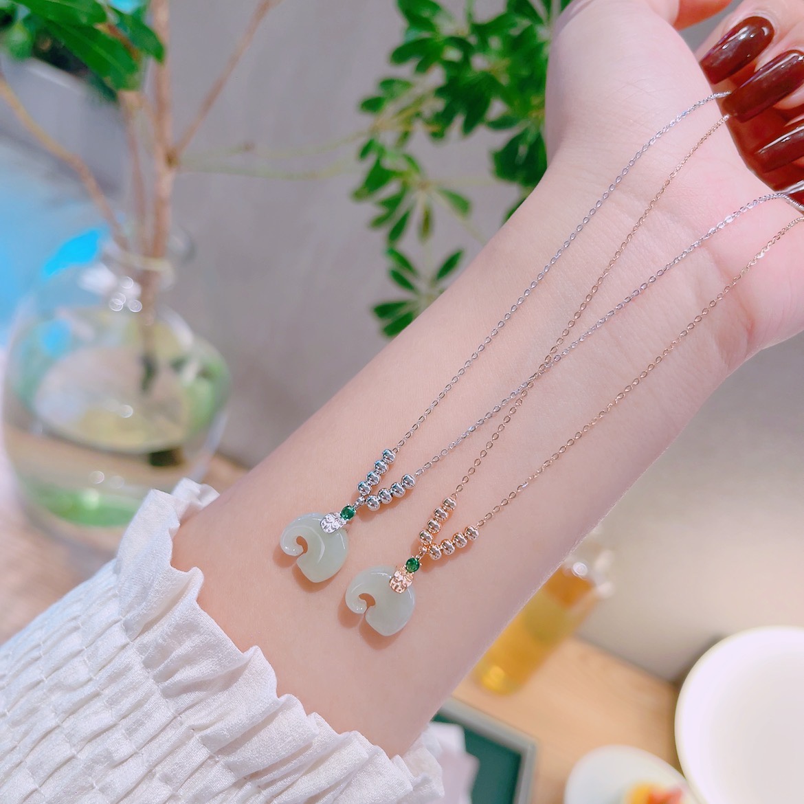 S925 Sterling Silver Hetian Jade Necklace Sweet New Year Silver