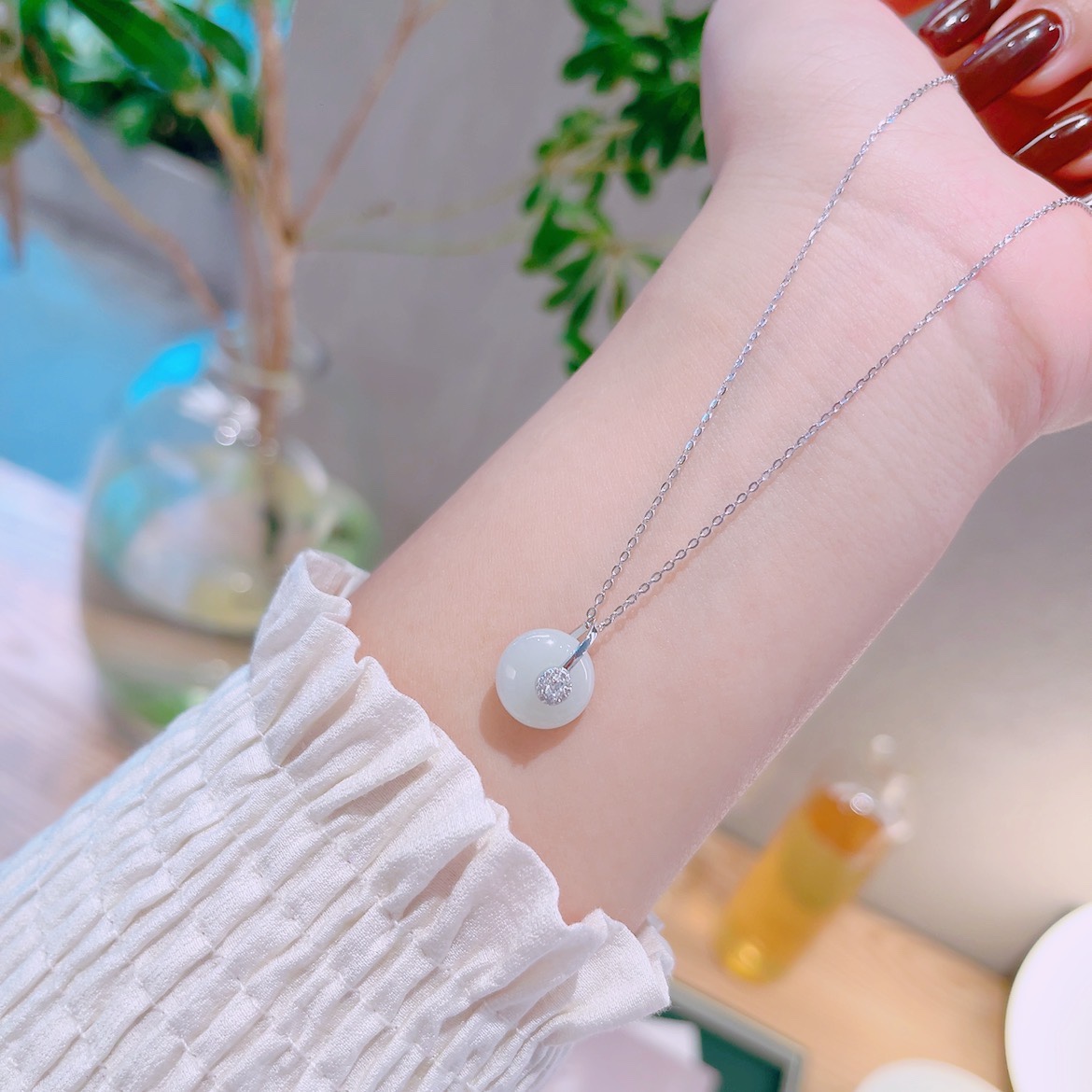Low Allergy Silver Hetian Jade Necklace Fresh Everyday Wear Silver