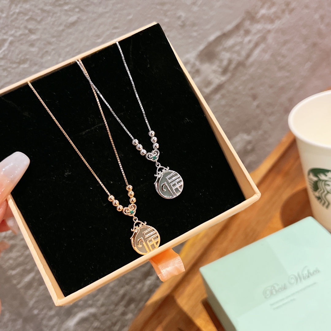 S925 Sterling Silver Hetian Jade Necklace Chic Annual Party Gold