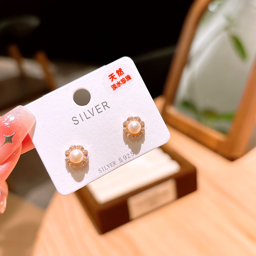 S925 Sterling Silver Freshwater Pearl Studs French Anniversary Silver