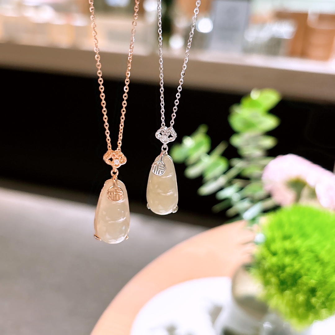 S925 Sterling Silver Hetian Jade Necklace Girly Gift for Her Gold