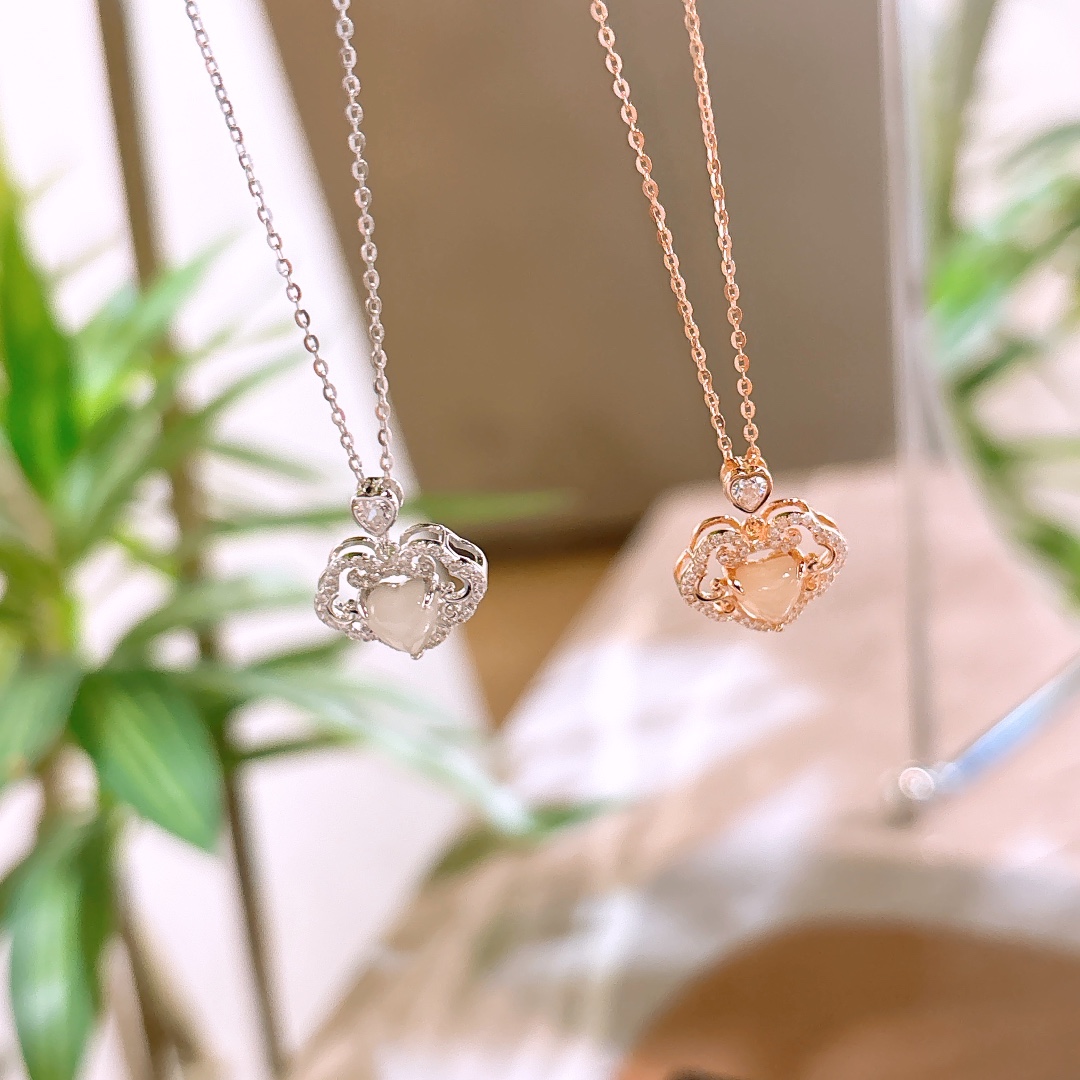 S925 Sterling Silver Hetian Jade Necklace Romantic Anniversary Gold