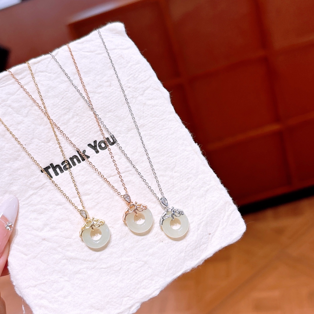 S925 Sterling Silver Hetian Jade Necklace Girly Graduation Gold