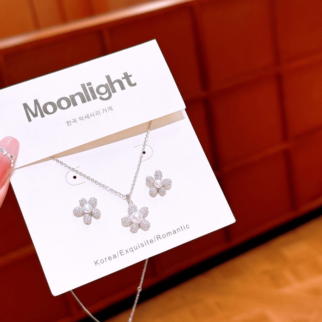 925 Silver Earrings & Necklace Set Romantic Everyday Wear Silver