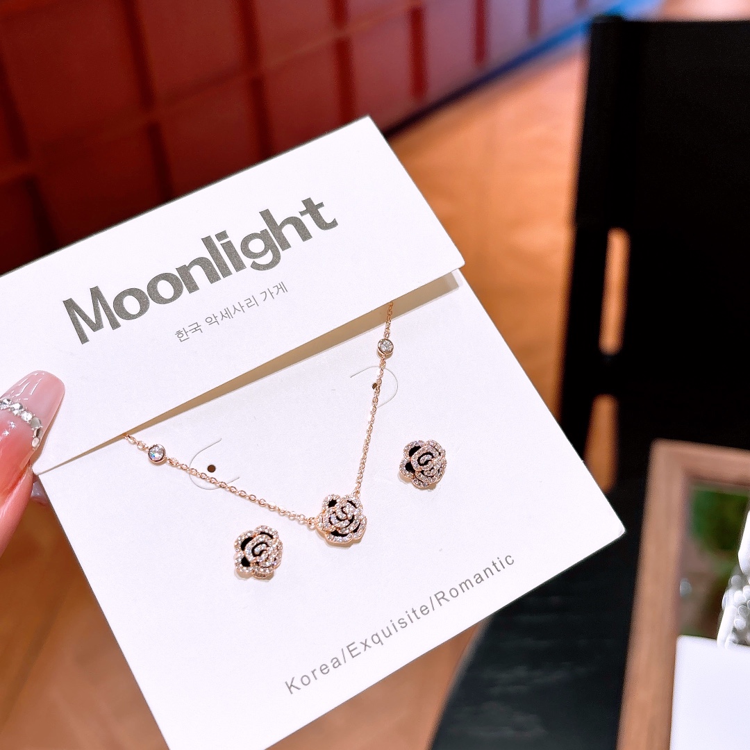 ロマンチックニッケル無添加銀イヤリング＆ネックレスセットゴールド 婚姻届提出