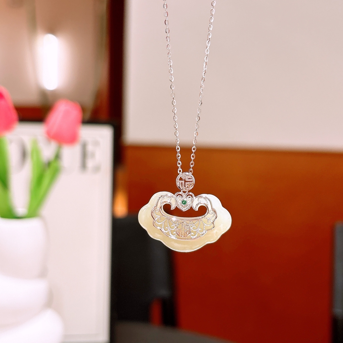 Solid Silver Hetian Jade Necklace Playful Father's Day Gold