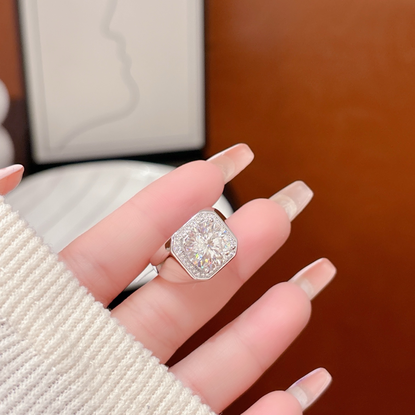 Fine Silver Men's Moissanite Ring Forest Banquet Silver