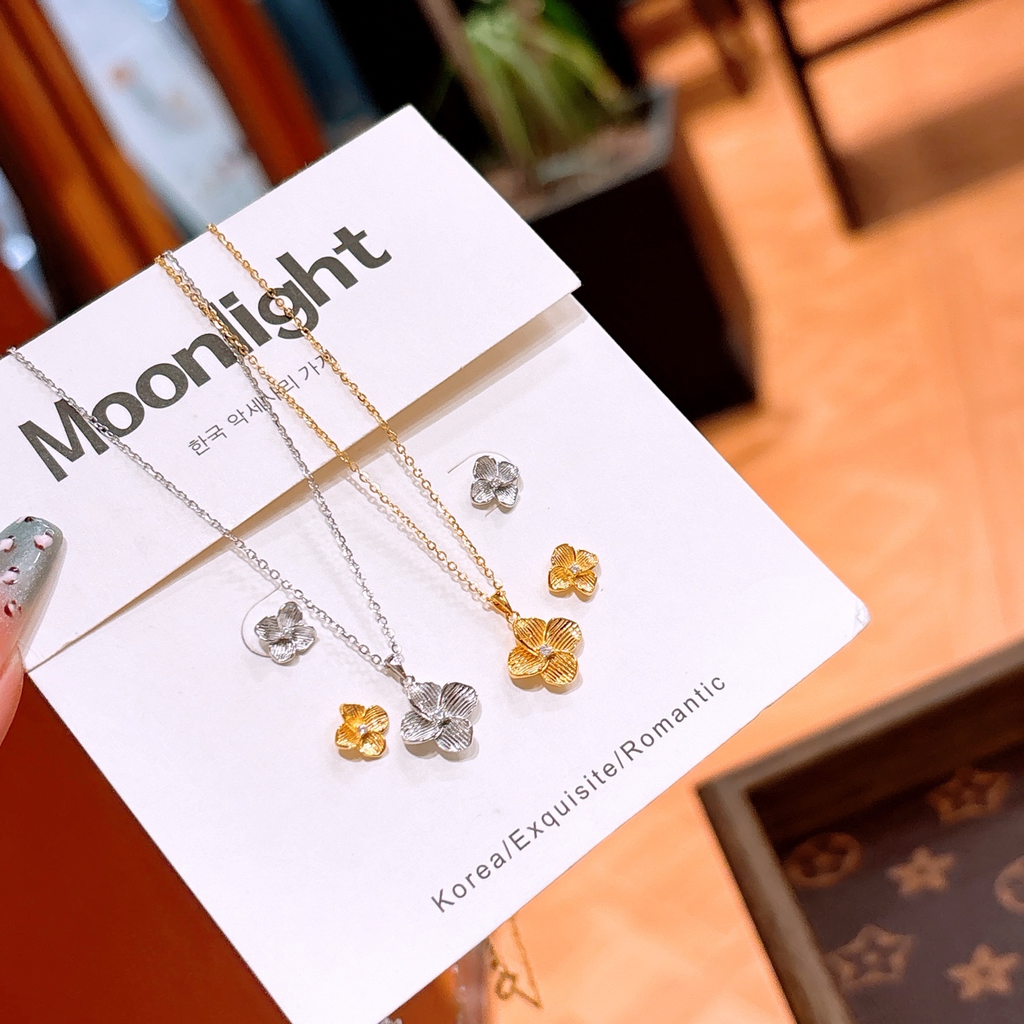 S925 Sterling Silver Earrings & Necklace Set Forest Workplace Gold