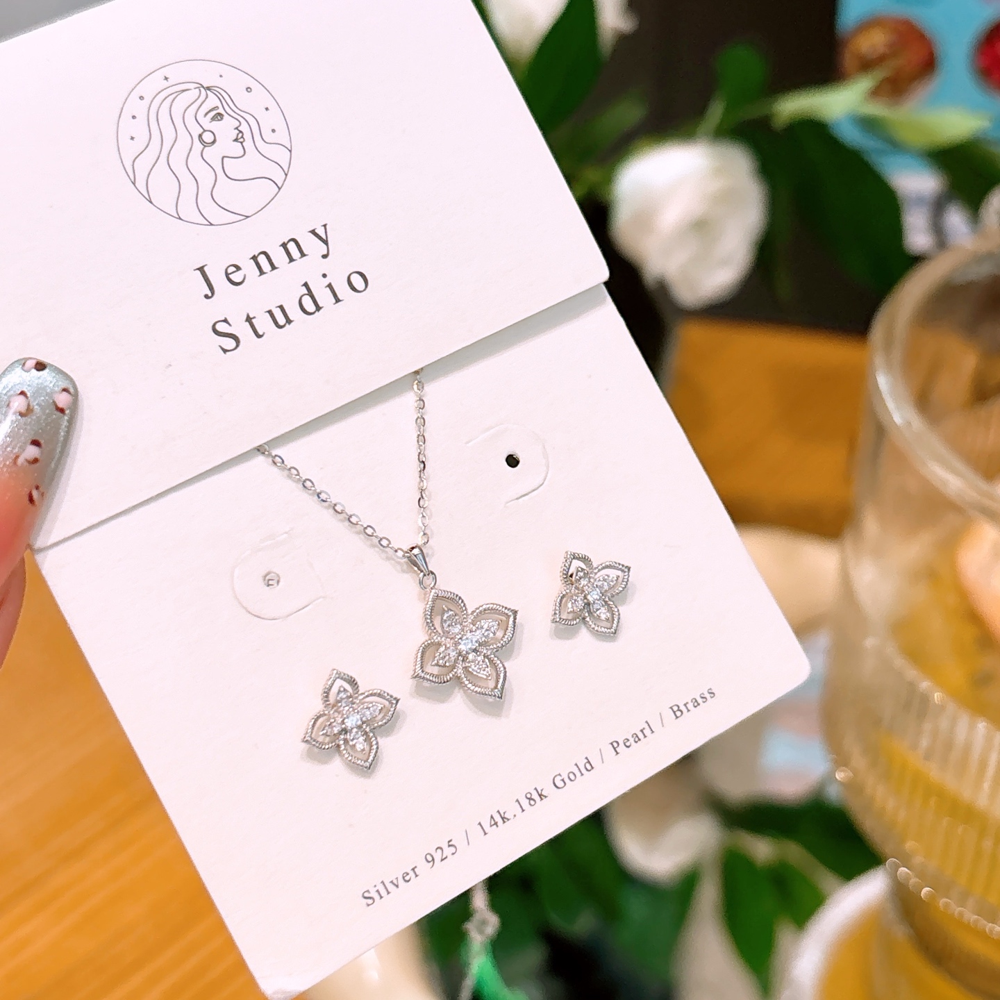 925 Silver Earrings & Necklace Set Sweet Banquet Gold