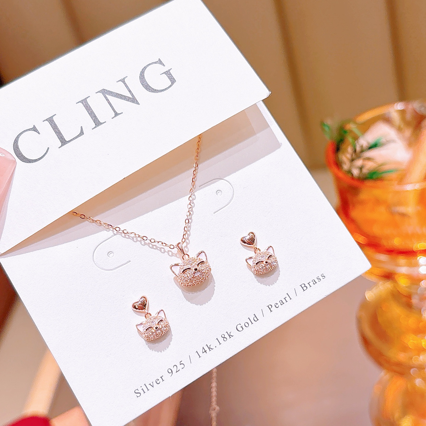 S925 Sterling Silver Earrings & Necklace Set Korean Style Travel Gold