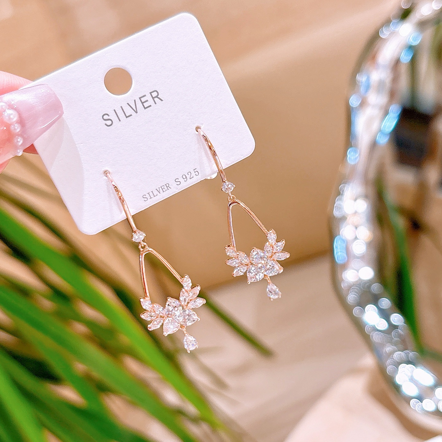 S925 Sterling Silver Drop & Thread Earrings Cute Wedding Favor Silver