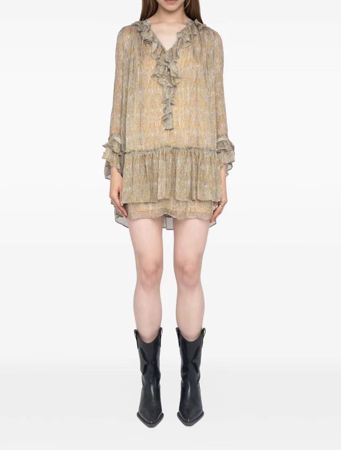 NO:477668,Zadig&Voltaire 25 new product Ralice print mini niche print V-neck lotus leaf loose fairy dress One color three-code SML (S bust 107CM shoulder width 33CM length 83CM and so on, skirts, alexander wang19860909Zadig&Voltaire 25新品Ralice 印花迷你 小众印花V领 荷叶宽松 仙仙连衣裙 一色三码SML（S胸围107CM 肩宽33CM 衣长83CM以此类推,,skirts,alexander wang,Women's clothing